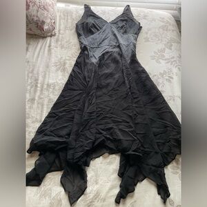 Vintage Black Silk Asymmetric Handkerchief Hem Midi Dress 10 Fairy Grunge Goth